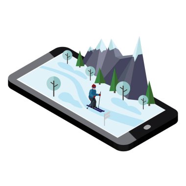 İzometrik adam kayak. Mobil navigasyon. Videolar ve fotoğraflar telefon hafızasına keeped. Cross country kayak, kış spor. Olimpiyat oyunları, eğlence lifestyle, etkinlik aşırı hız
