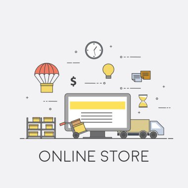 Düz renkli vektör çizim tasarım teslimat Servisi, e-ticaret, online alışveriş, lojistik, paket kurye müşteriye alma için