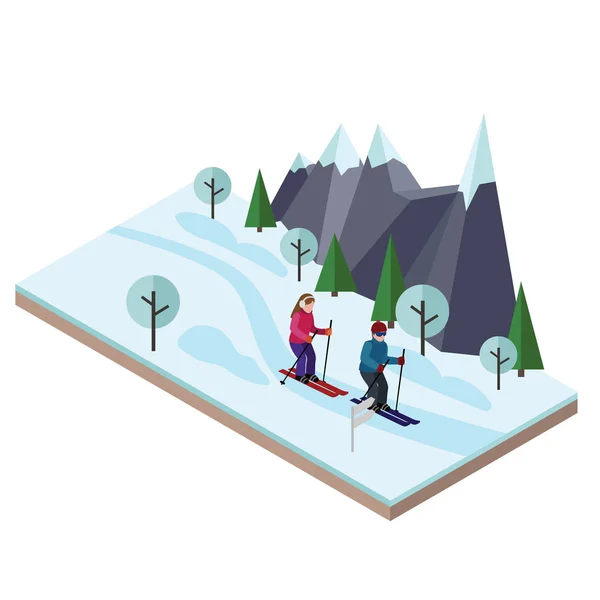 Isometric man and woman skiing. Cross country skiing, winter sport. Olympic games, recreation lifestyle, activity speed extreme — Stock Vector