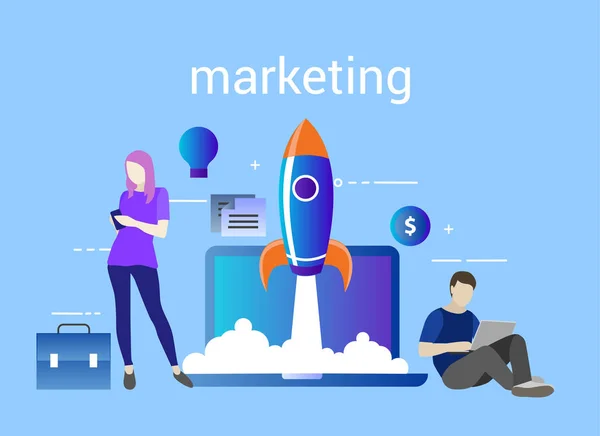 Marketing-Start-up. Vektorillustration mit Raketenstart und Laptop im Hintergrund. einfach zu bedienen und hochgradig anpassbar — Stockvektor