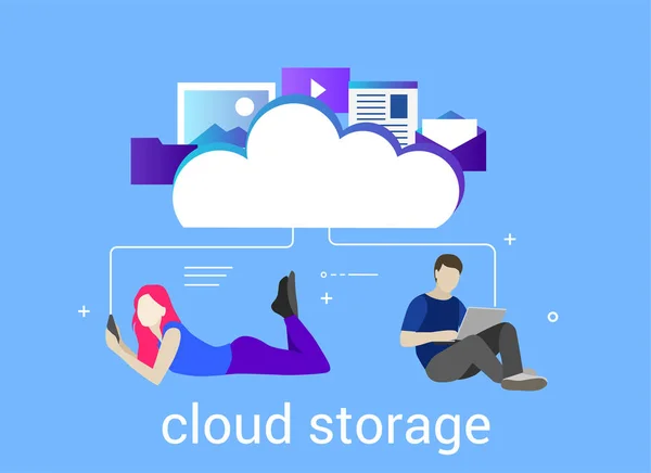 Dispositivo informático de almacenamiento en la nube de datos de seguridad diseño plano ilustración vectorial. Los jóvenes utilizan el almacenamiento en la nube. Fácil de usar y altamente personalizable — Archivo Imágenes Vectoriales