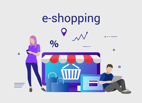 Panji desain datar E-Shopping untuk situs web dan situs seluler. Mudah digunakan dan sangat mudah disesuaikan - Stok Vektor
