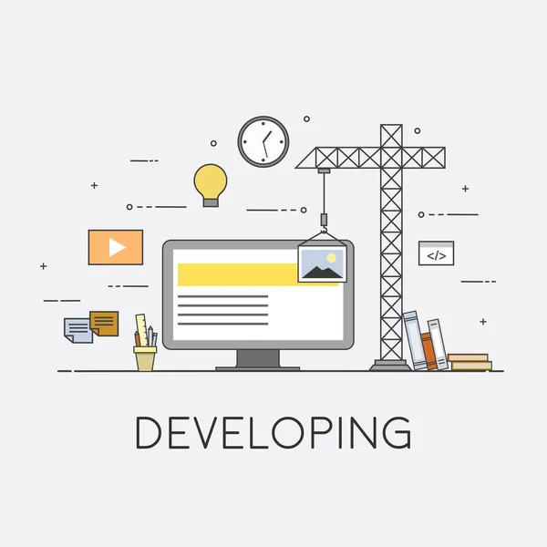 Düz mobil UI Ux tasarım web Infographic kavramı vektör. Vinç oluşturma arabirim üstünde perde. Kullanıcı arabirimi deneyimi, kullanılabilirlik, mockup, tel çerçeve geliştirme kavramı. Geliştirme