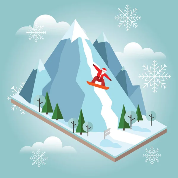 Изометрический вектор Санта Клаус снимает с горы. Приближаются Рождество и Новый год. Ведение активного образа жизни, скоростной экстрим — стоковый вектор