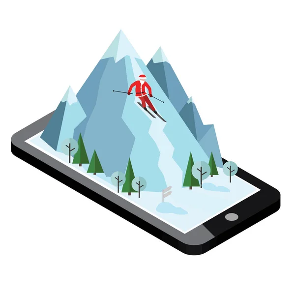 Isometric vector Santa Claus pulls off the mountain. Alpine skiing, winter sport. Christmas and New Year are coming. Recreation lifestyle, activity speed extreme — Stock Vector