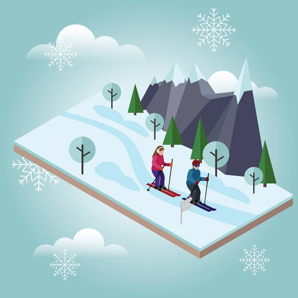 Изометрические мужчина и женщина катаются на лыжах. Лыжные гонки, зимний спорт. Олимпийские игры, отдых образ жизни, экстремальная скорость активности — стоковый вектор