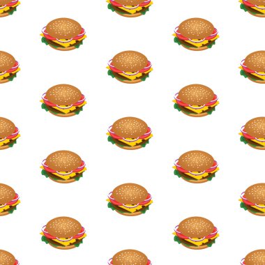 Hamburger seamless modeli. Lokanta, ambalaj, poster için arka plan. İzometrik 3d. Vektör çizim.