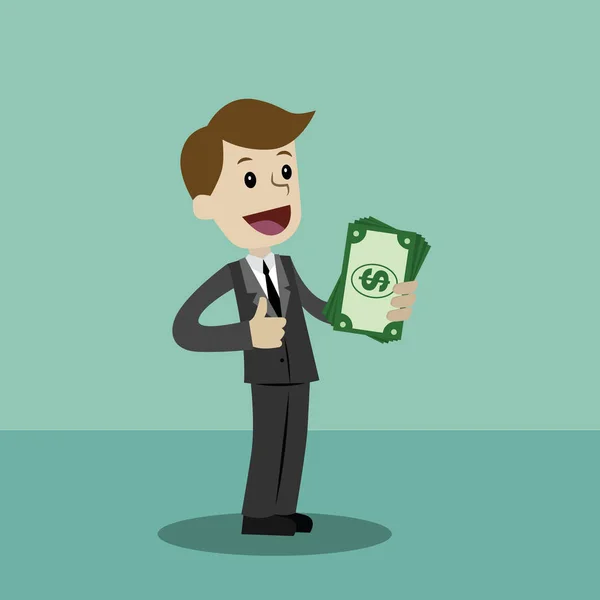 Businessman holds money in his hand and has profit. Succsessful business. Payments — Stock Vector