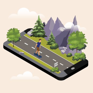 Adam kırsal yaz güneşli yol veya karayolu üzerinde bir kaykay sürme. Izometrik kırsal. Mobil coğrafi izleme. Harita.