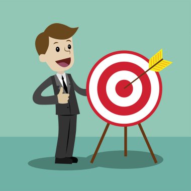 İşadamı büyük hedefe işaret etti. Vektör, illüstrasyon, düz