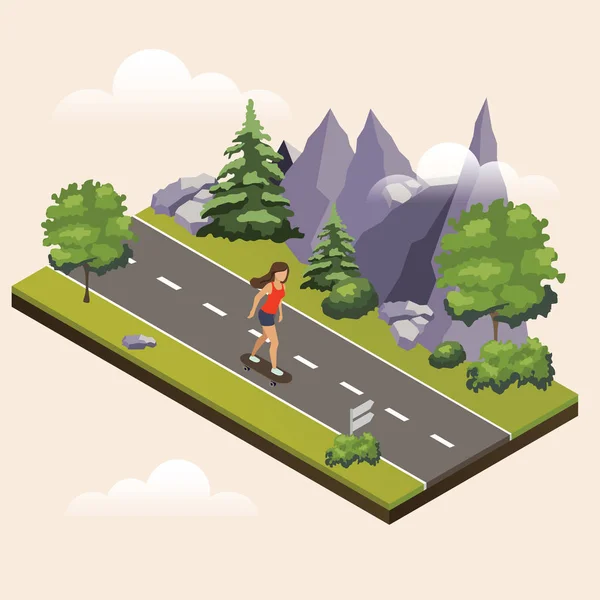 Girl riding a skateboard on countryside summer sunny road or highway. Isometric countryside. Summer road. — Stock Vector