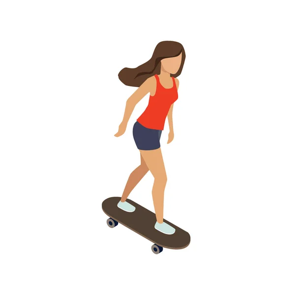 Une fille sur un skateboard. Illustration vectorielle isométrique 3D plate — Image vectorielle