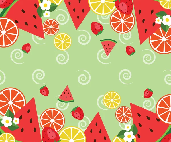 Plantilla de marco consandías, naranjas, fresas y flores. Fondo vectorial — Vector de stock