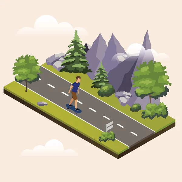 Man riding a skateboard on countryside summer sunny road or highway. Isometric countryside. Summer road. — Stock Vector