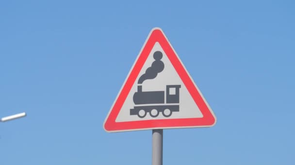 Railroad Level Crossing Sign Without Barrier Or Gate Ahead The Road Beware Of Train Roadside Steam Engine Locomotive Signage Road Sign On Signpost Pole Train Sign Railroad Ahead Stock Video C Railroad Level Crossing Sign Without Barrier Or Gate Ahead The Road Beware Of Train Roadside Steam Engine Locomotive Signage Road Sign On Signpost Pole Train Sign Railroad Ahead Stock Video C