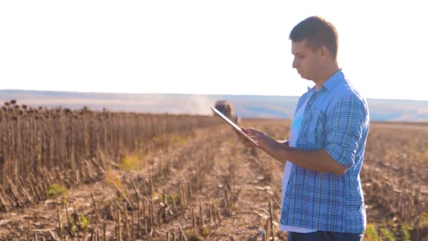 Bonde Smart jordbruk livsstil arbetar man Läs- eller analys skörd solros en rapport i tablet PC på ett jordbruk fält med vintage ton på en solljus. skördetröskan plogar ett fält — Stockvideo