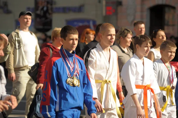 Russia Petersburg 2012 Athletes Olympic Champions Victory Parade Great Patriotic — Stock Photo, Image