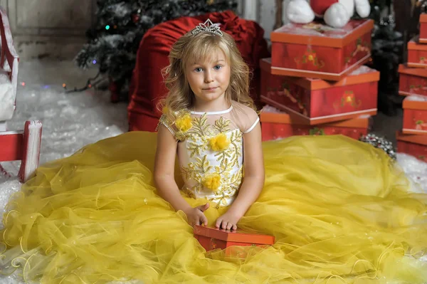 年轻的公主穿着漂亮的黄色衣服 穿着白色的圣诞礼服 — 图库照片