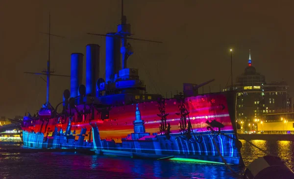 Petersburg Rusya 2017 Multimedya Göstermek Devrim Aurora Cruiser 100 Yıldönümü — Stok fotoğraf