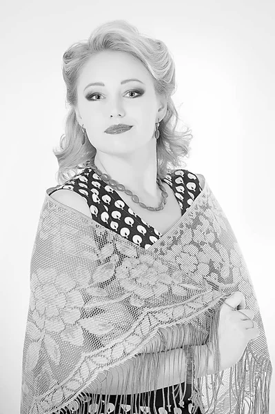 Retro Photo Style Woman Blonde Polka Dot Dress Shawl Shoulders — Stock Photo, Image