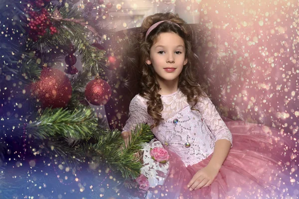 Молода Принцеса Святково Рожевій Сукні Вишивкою Квітами — стокове фото