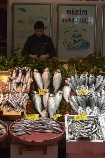 Turquie Istanbul 2018 Grande Variété Poissons Dans Marché Aux Poissons — Photo