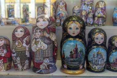 Russia, Moscow, 14,08,2018 Nested dolls in the souvenir shop window clipart
