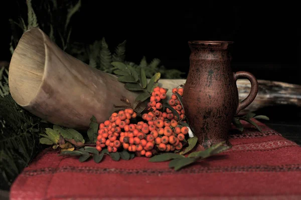 Djur Horn Keramiska Tillbringare Bordsduk Och Rowan Bär Stilleben — Stockfoto