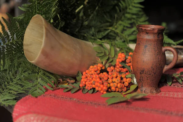 Djur Horn Keramiska Tillbringare Bordsduk Och Rowan Bär Stilleben — Stockfoto