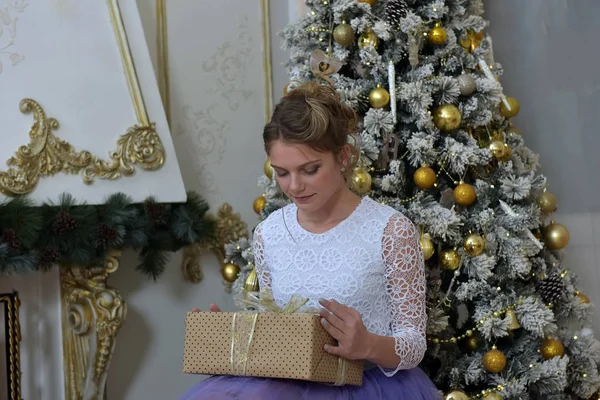 Girl Teenager Lilac Skirt Gifts Christmas Tree — Stock Photo, Image