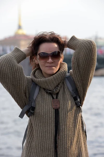 Woman Years Old Brunette Sweater Sunglasses — Stock Photo, Image