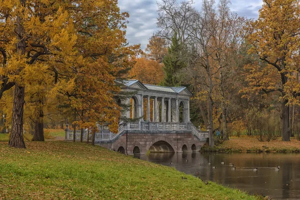 Russia Zarskoye Selo 2018 Ponte Marmo Fogliame Autunnale Nel Parco — Foto Stock