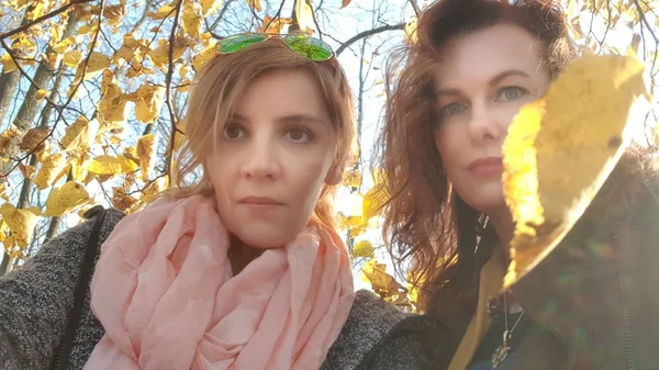 Porträtt Två Kvinnor Parken Med Höstlövverk Selfie — Stockfoto
