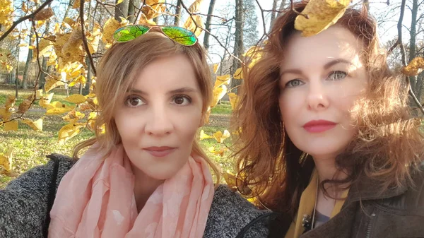 Portrait Two Women Park Autumn Foliage Selfie — Stock Photo, Image