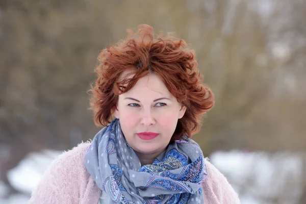 Portrait Red Haired Woman Forty Years Winter Background — Stock Photo, Image