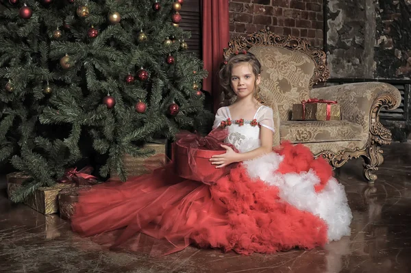 Joven Princesa Vestido Rojo Blanco Navidad — Foto de Stock