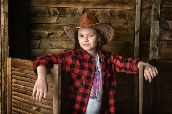 Young Girl Cowboy Red Checkered Shirt Background Wooden Wall — Stock Photo, Image
