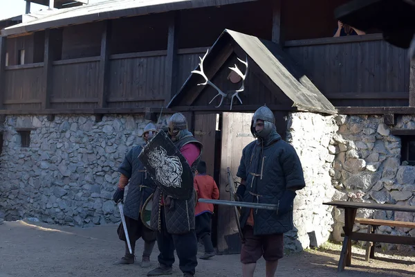Ρωσία Viking 2013 Βίμποργκ Πανοπλία Παλεύει Σπαθιά Στο Φεστιβάλ Του — Φωτογραφία Αρχείου