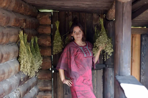 Young Woman Dried Herbs Wooden Hut — Stock Photo, Image