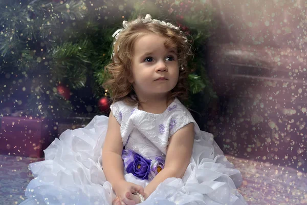 Young Girl Little Princess White Festive Dress Blue Belt — Stock Photo, Image