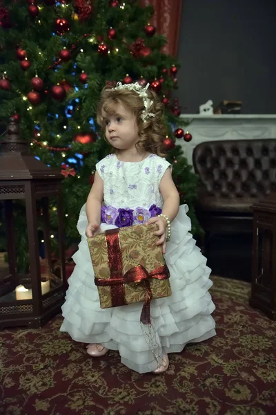 Pequena Princesa Vestido Festivo Com Presente Pela Árvore Natal — Fotografia de Stock