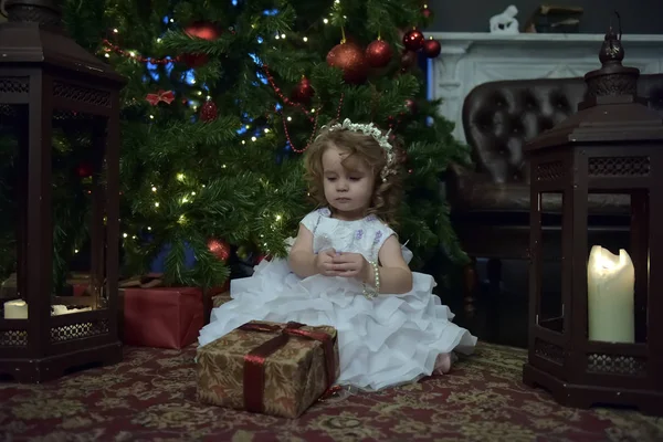 Prinsesje Een Feestelijke Jurk Met Een Geschenk Van Kerstboom — Stockfoto