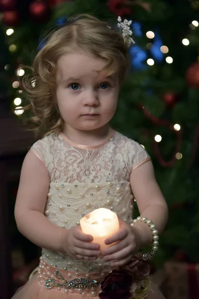 Young Girl Little Princess Festive Dress Candles Her Hands — Stock Photo, Image