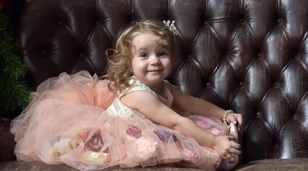 Νεαρό Κορίτσι Μικρή Πριγκίπισσα Ροζ Φόρεμα Εορταστική Συνεδρίαση — Φωτογραφία Αρχείου