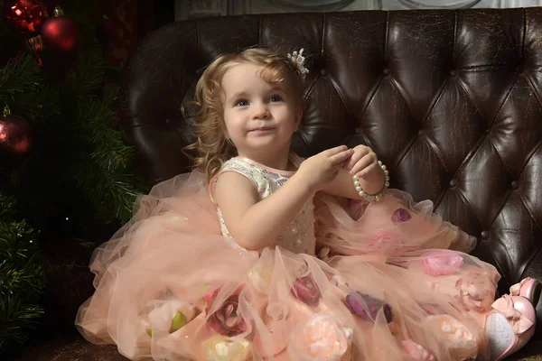 Jong Meisje Prinsesje Roze Feestelijke Jurk Vergadering — Stockfoto