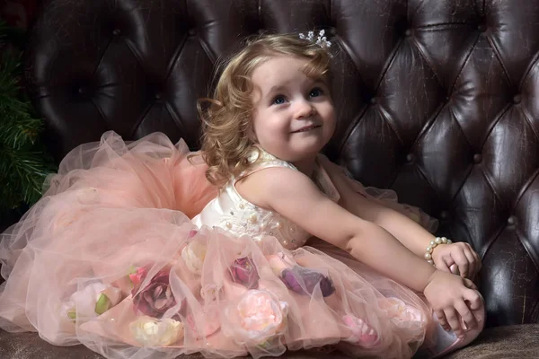 若い女の子お祝いのピンクのドレスに座ってリトル プリンセス — ストック写真