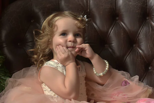 Young Girl Little Princess Pink Festive Dress Sitting — Stock Photo, Image