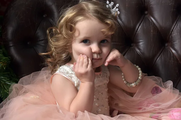 Young Girl Little Princess Pink Festive Dress Sitting — Stock Photo, Image