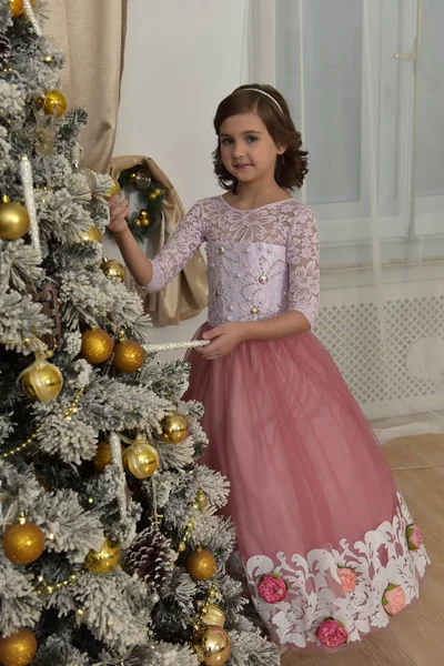 크리스마스 스튜디오에서 분홍색 드레스에 귀여운 — 스톡 사진