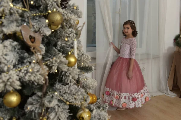 크리스마스 스튜디오에서 분홍색 드레스에 귀여운 — 스톡 사진